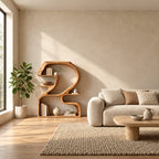 Sculptural Bookshelf Shaped Like a Number 2, Curved Solid Wood Statement Shelf for Living Room