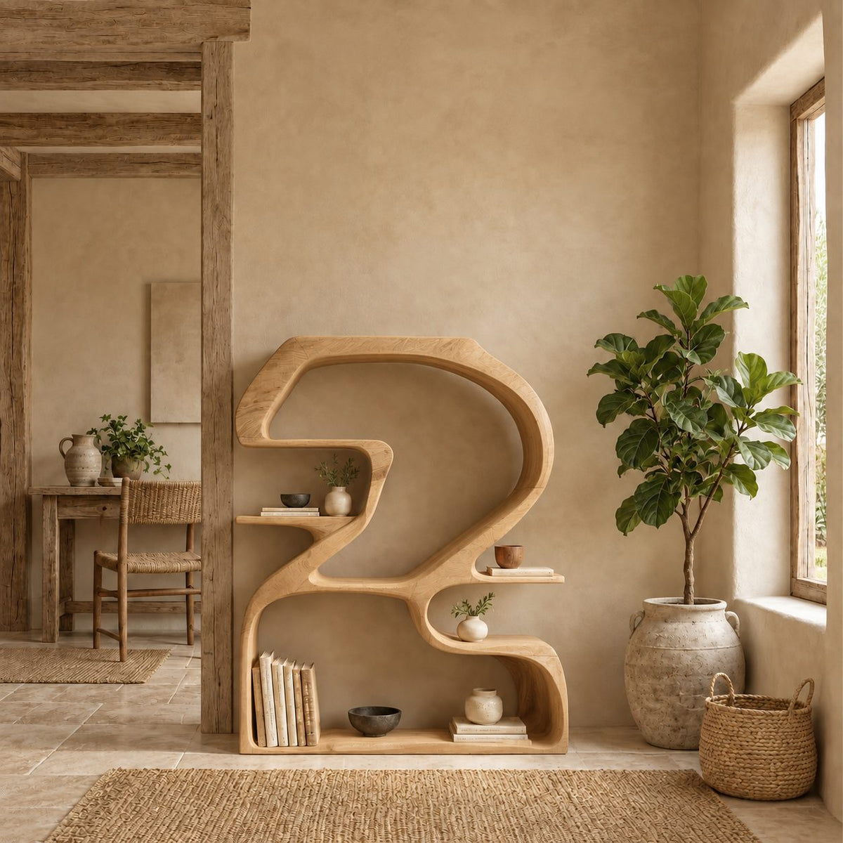 Sculptural Bookshelf Shaped Like a Number 2, Curved Solid Wood Statement Shelf for Living Room