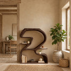 Sculptural Bookshelf Shaped Like a Number 2, Curved Solid Wood Statement Shelf for Living Room
