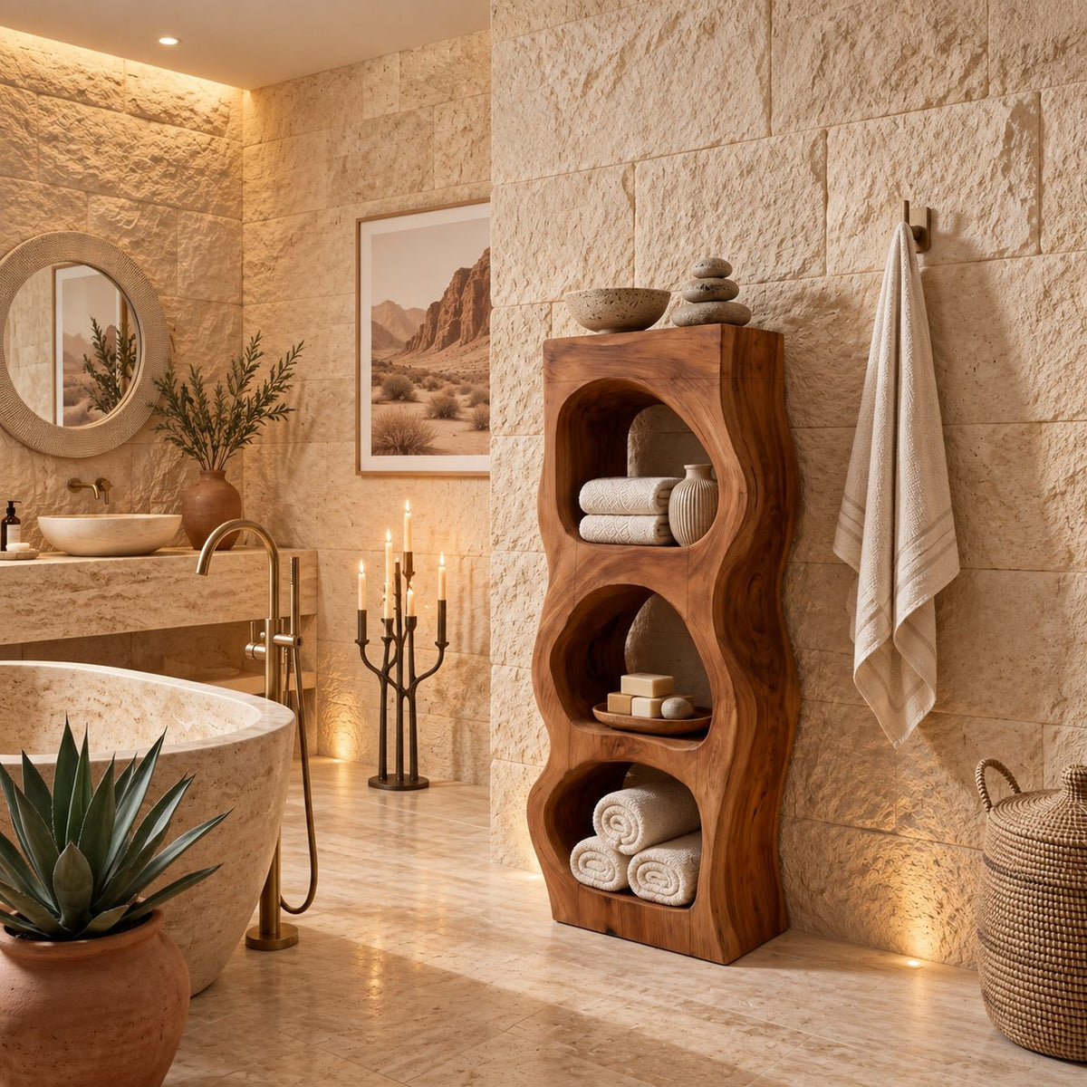 Pebble Niche Bathroom Shelf Tower, Carved Solid Wood Freestanding Towel Storage with Three Openings