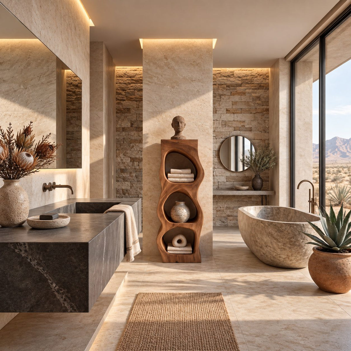 Pebble Niche Bathroom Shelf Tower, Carved Solid Wood Freestanding Towel Storage with Three Openings