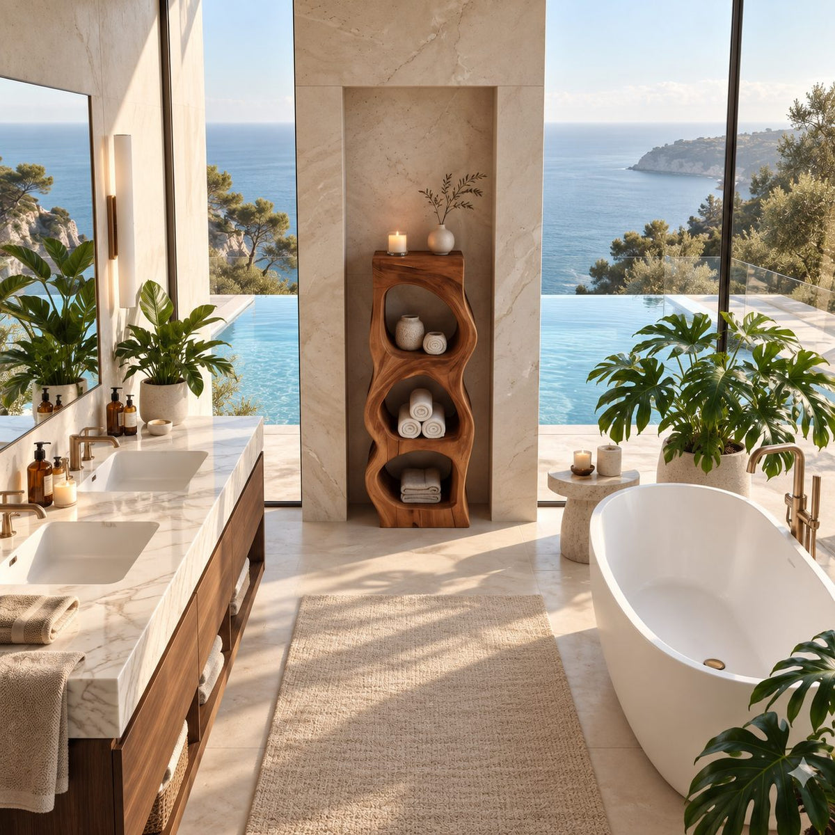 Pebble Niche Bathroom Shelf Tower, Carved Solid Wood Freestanding Towel Storage with Three Openings