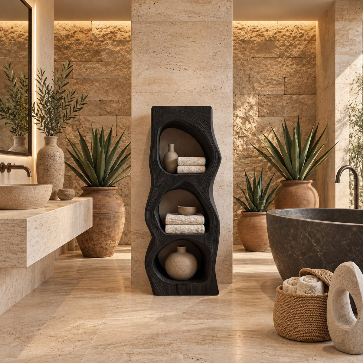 Pebble Niche Bathroom Shelf Tower, Carved Solid Wood Freestanding Towel Storage with Three Openings