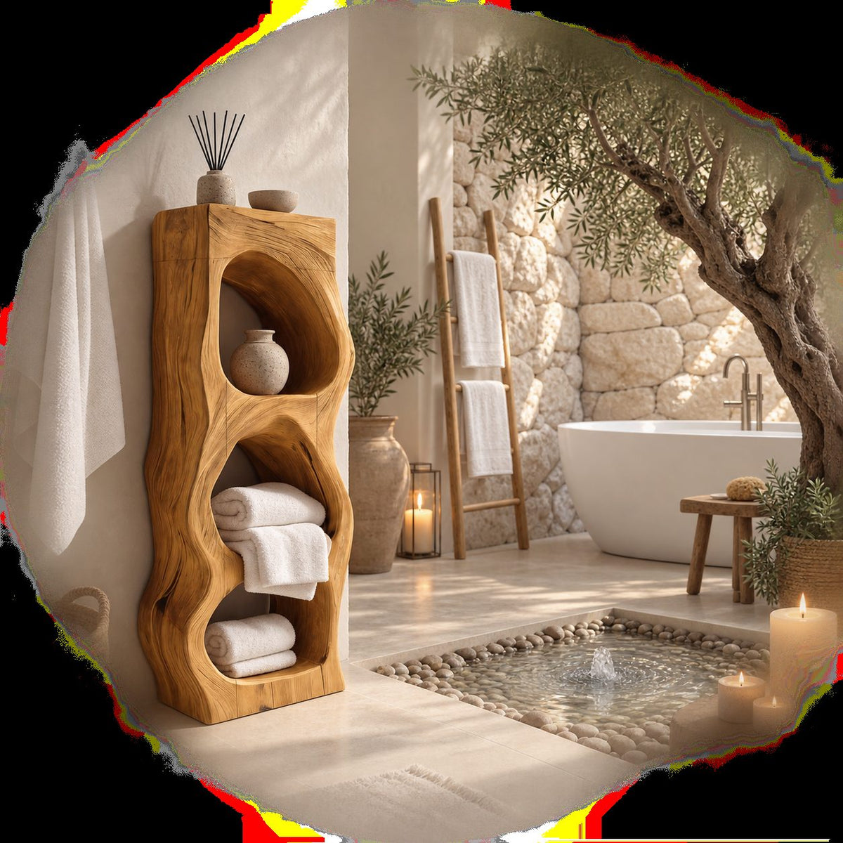 Pebble Niche Bathroom Shelf Tower, Carved Solid Wood Freestanding Towel Storage with Three Openings