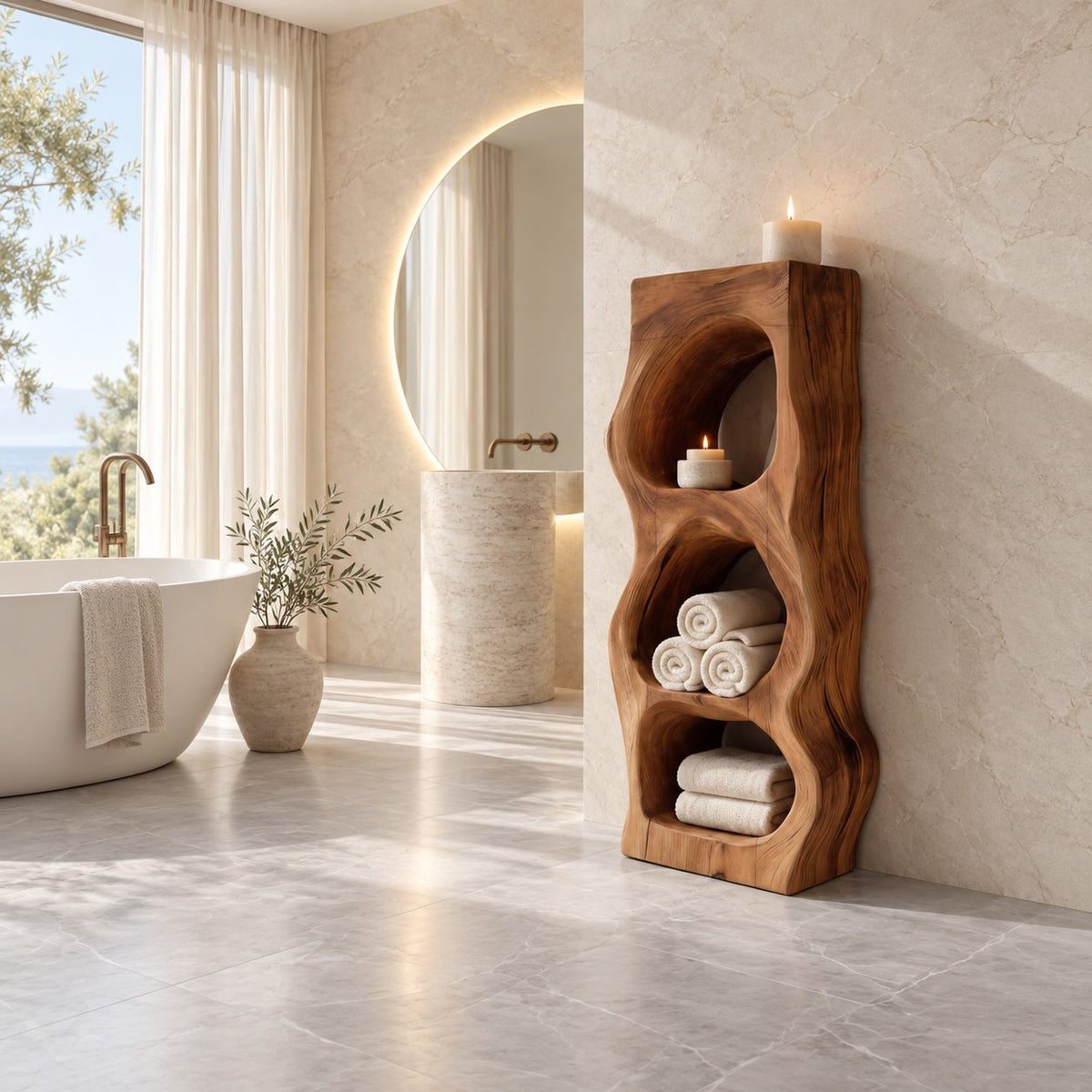 Pebble Niche Bathroom Shelf Tower, Carved Solid Wood Freestanding Towel Storage with Three Openings