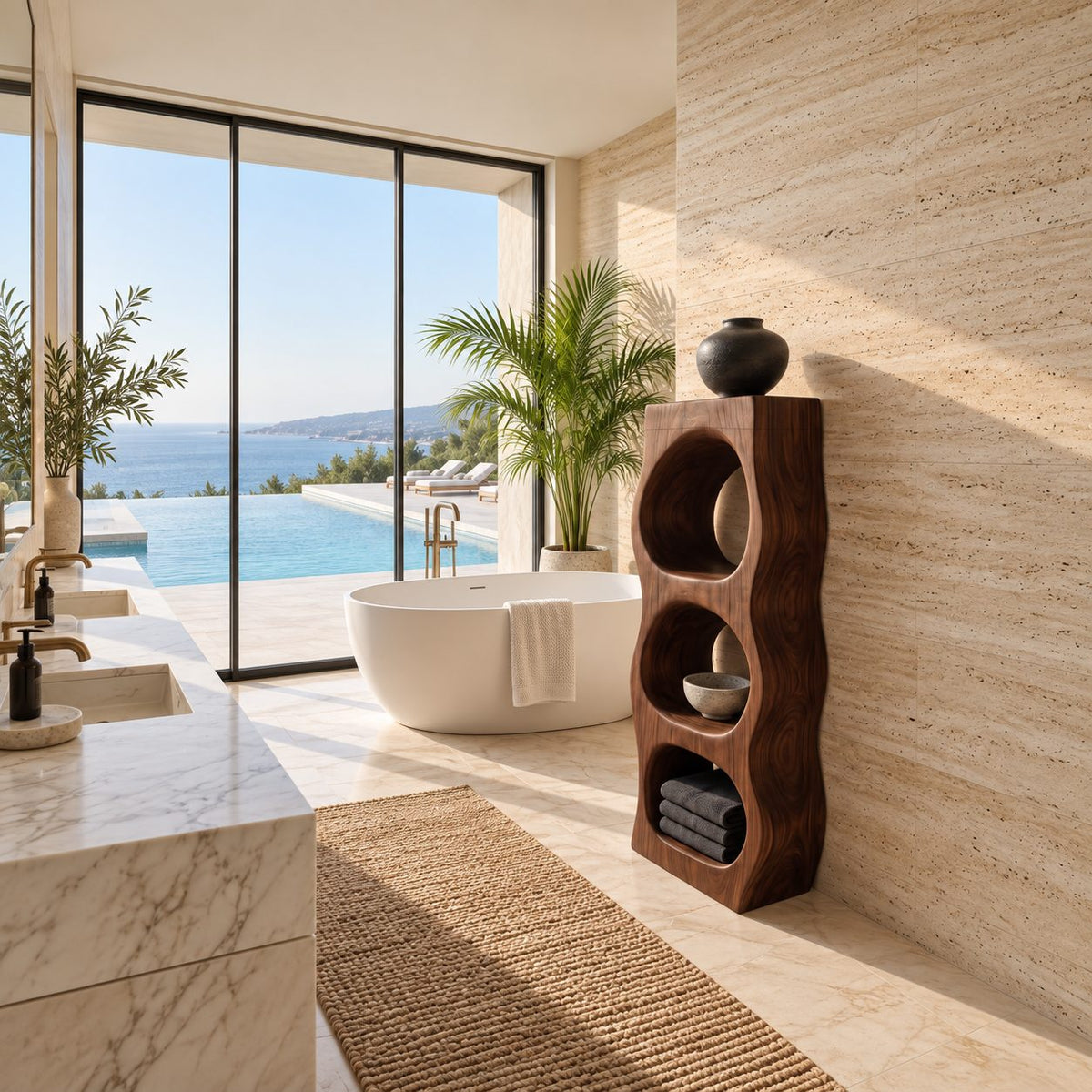 Pebble Niche Bathroom Shelf Tower, Carved Solid Wood Freestanding Towel Storage with Three Openings