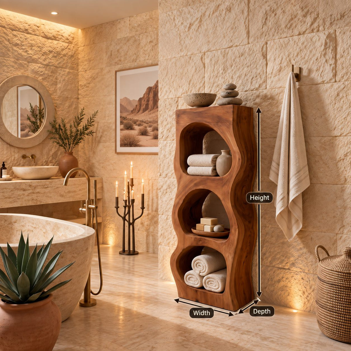 Pebble Niche Bathroom Shelf Tower, Carved Solid Wood Freestanding Towel Storage with Three Openings