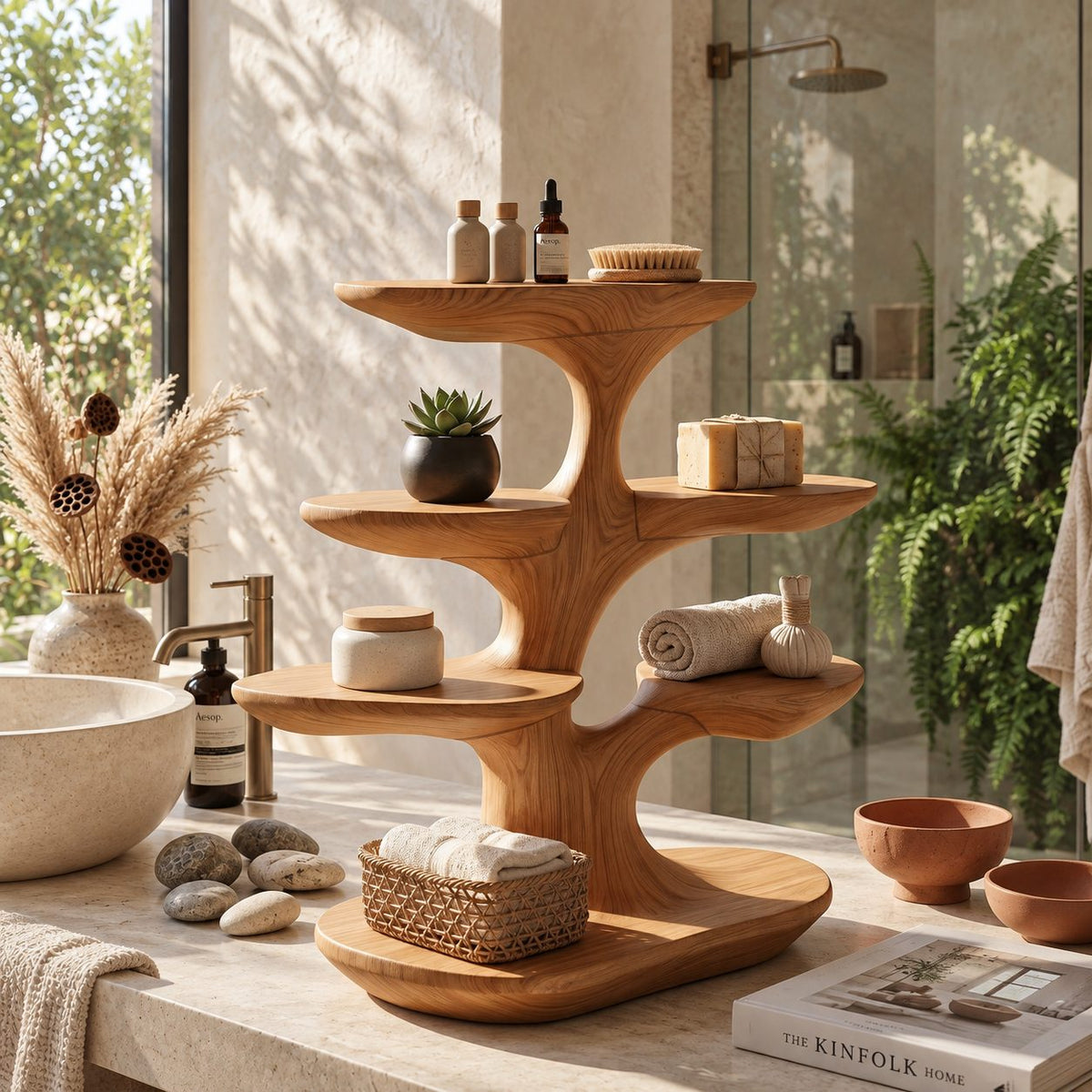 Smooth Branch Bathroom Counter Organizer, Four Tray Carved Solid Wood Tree Stand for Vanity