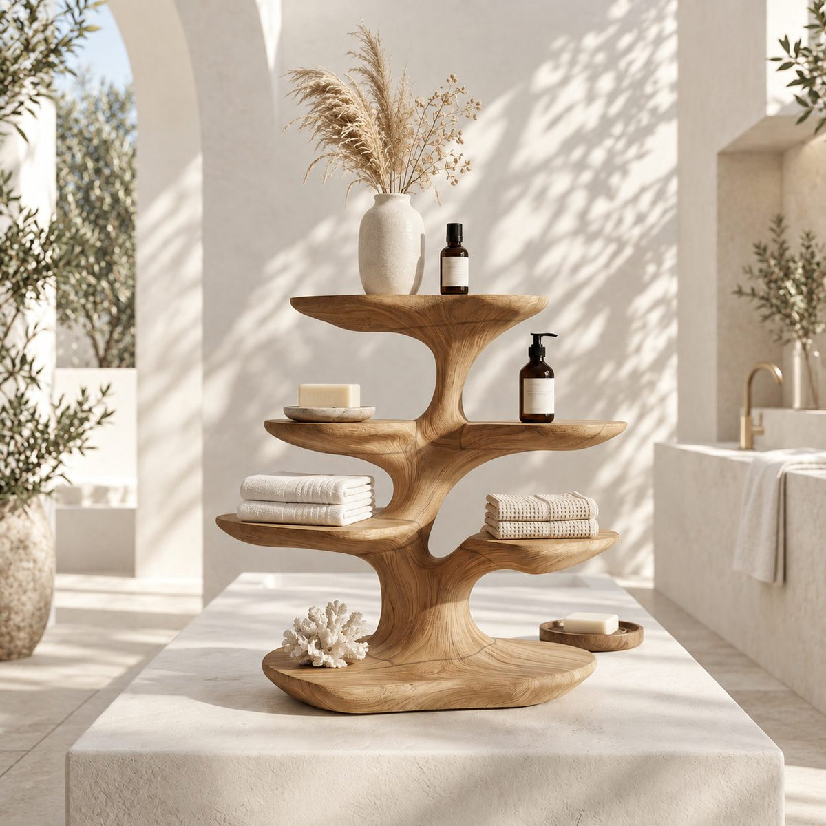 Smooth Branch Bathroom Counter Organizer, Four Tray Carved Solid Wood Tree Stand for Vanity