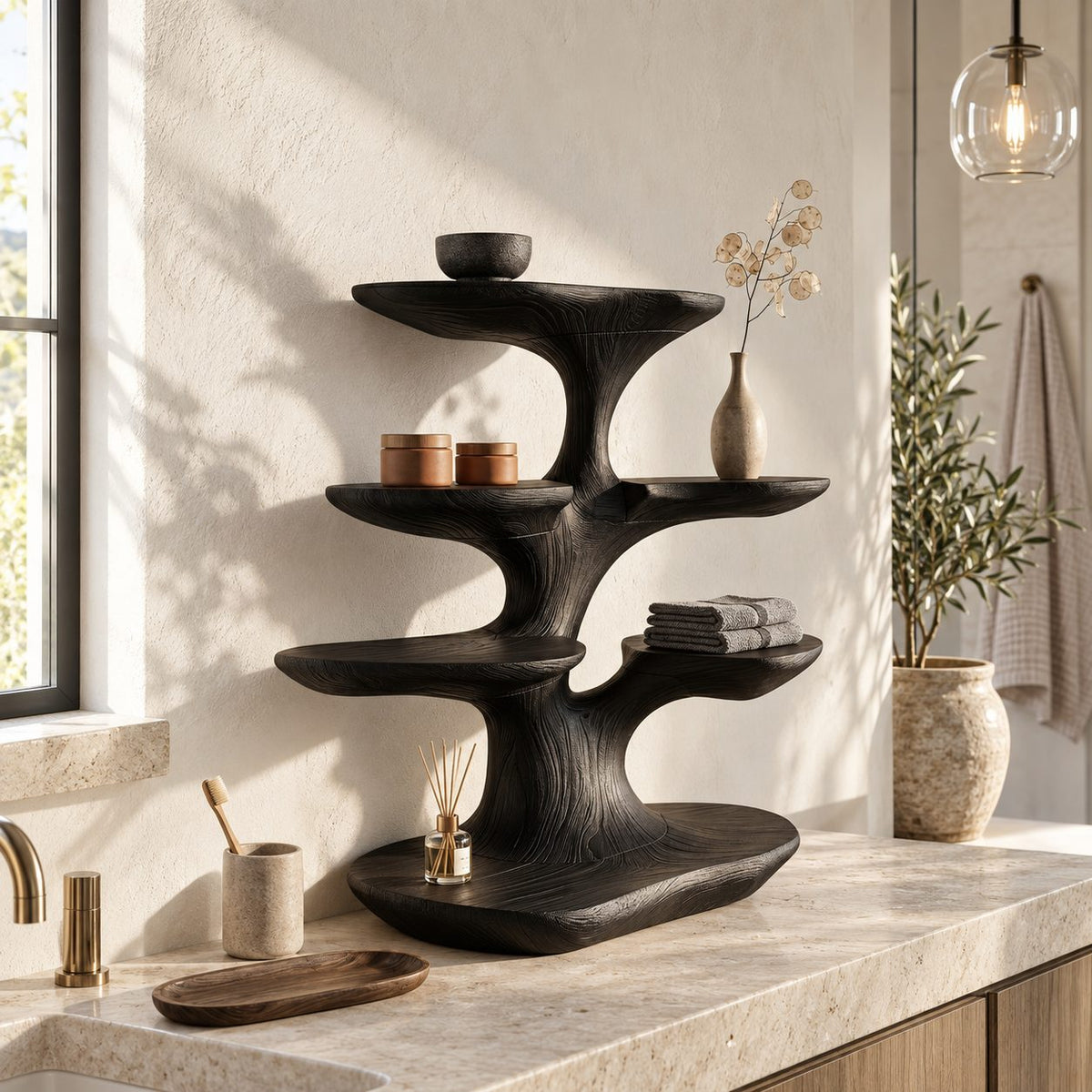 Smooth Branch Bathroom Counter Organizer, Four Tray Carved Solid Wood Tree Stand for Vanity