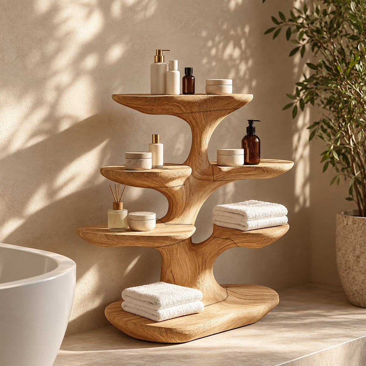 Smooth Branch Bathroom Counter Organizer, Four Tray Carved Solid Wood Tree Stand for Vanity