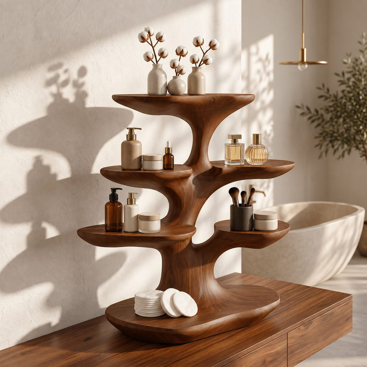 Smooth Branch Bathroom Counter Organizer, Four Tray Carved Solid Wood Tree Stand for Vanity