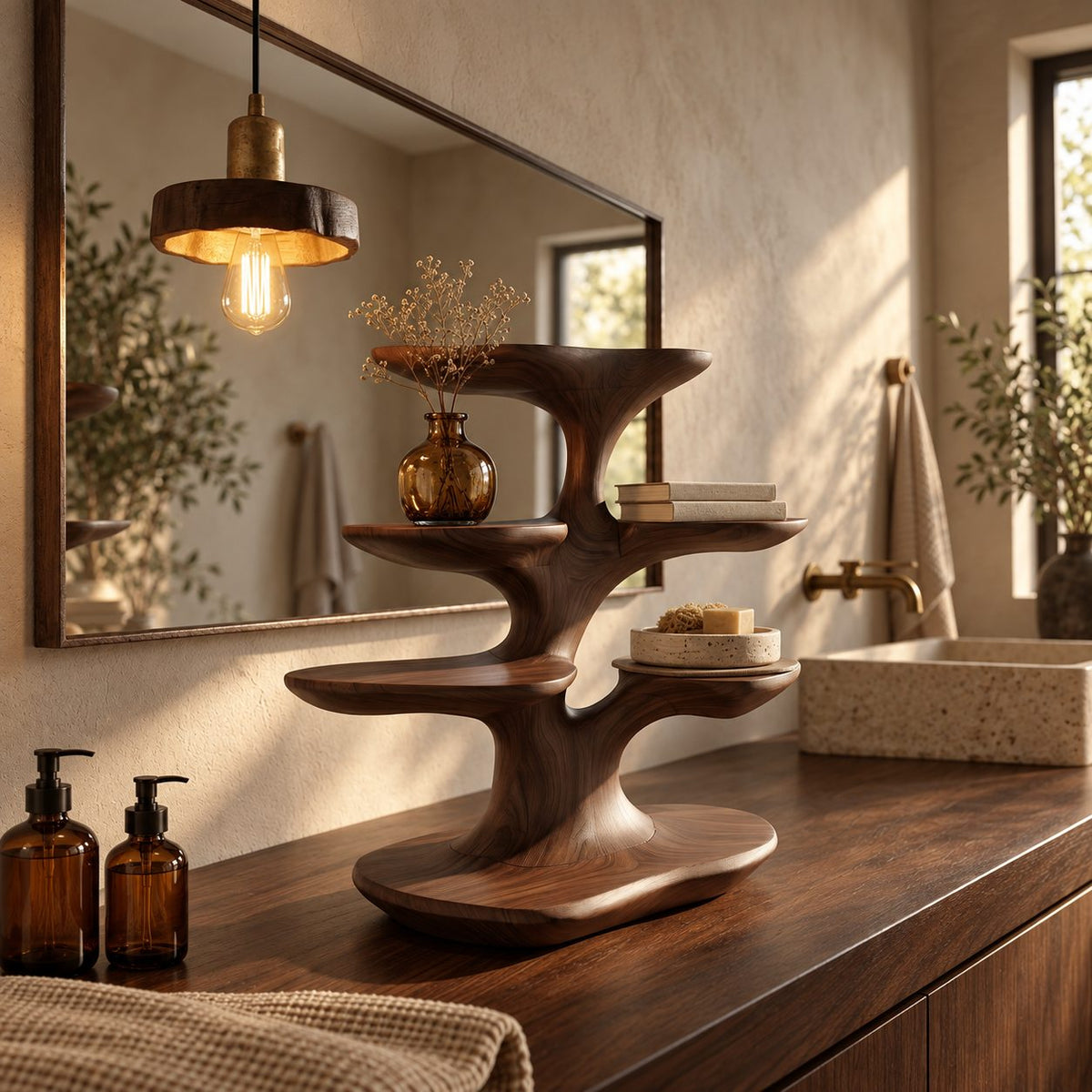 Smooth Branch Bathroom Counter Organizer, Four Tray Carved Solid Wood Tree Stand for Vanity