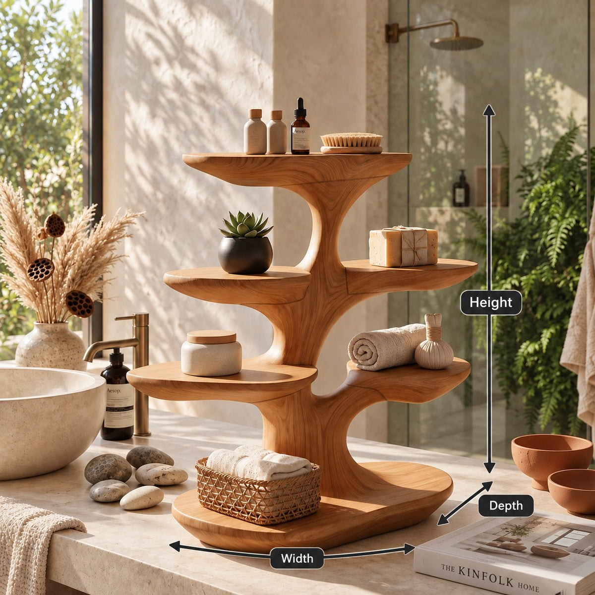 Smooth Branch Bathroom Counter Organizer, Four Tray Carved Solid Wood Tree Stand for Vanity