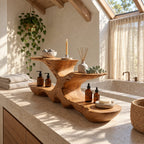 Low Profile Live Edge Bathroom Counter Riser, Two Tier Sculpted Solid Wood Vanity Shelf, 30-35 Inch