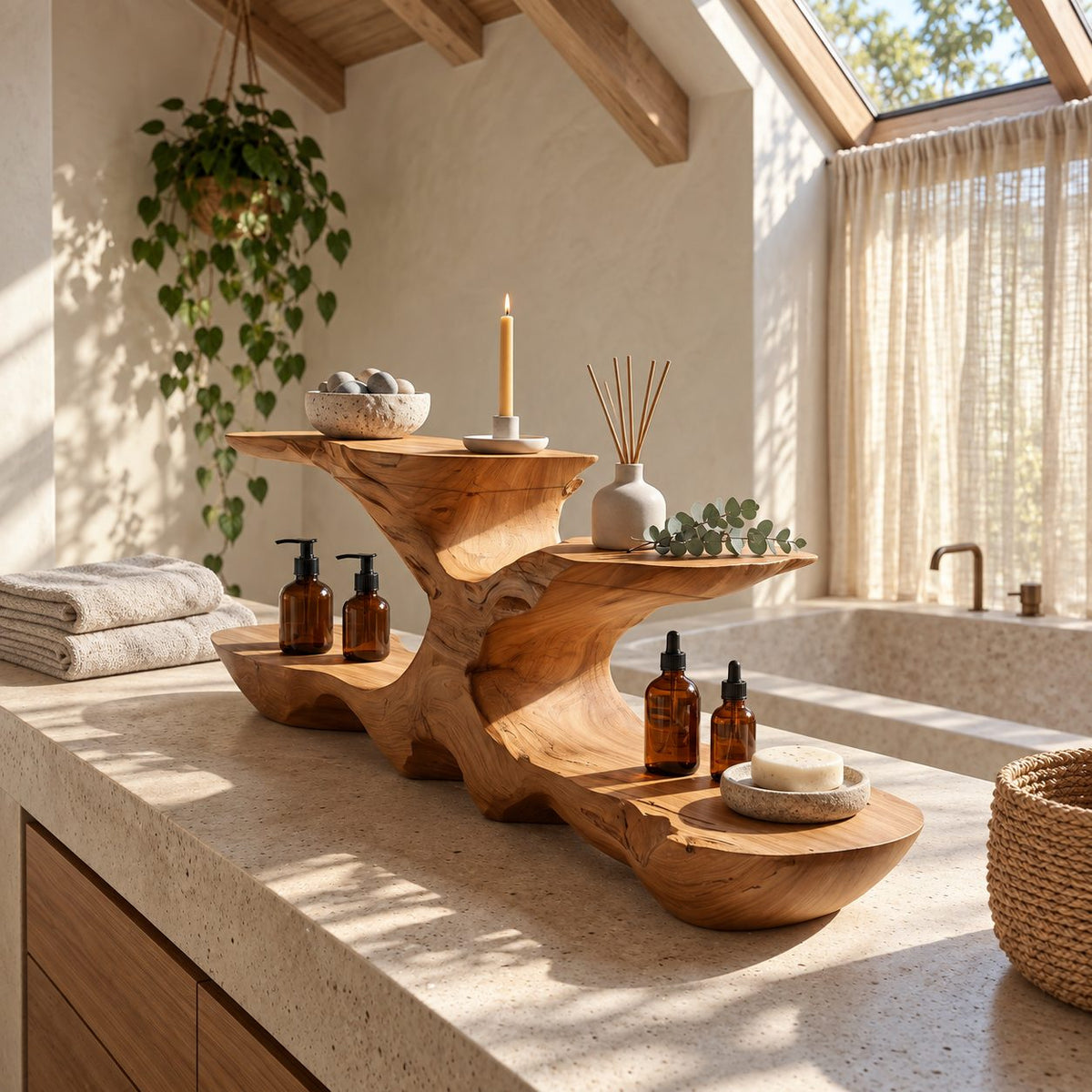 Low Profile Live Edge Bathroom Counter Riser, Two Tier Sculpted Solid Wood Vanity Shelf, 30-35 Inch