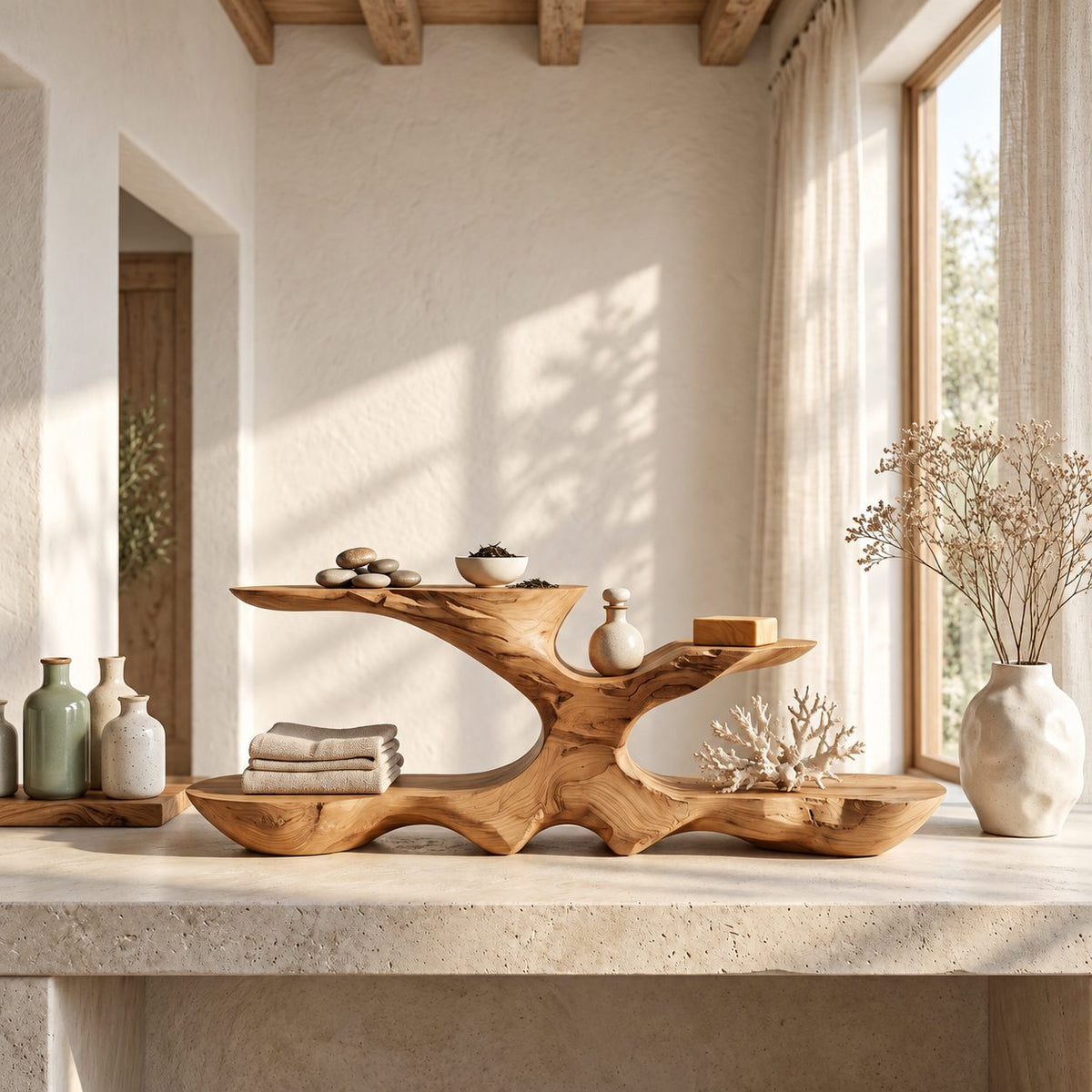 Low Profile Live Edge Bathroom Counter Riser, Two Tier Sculpted Solid Wood Vanity Shelf, 30-35 Inch