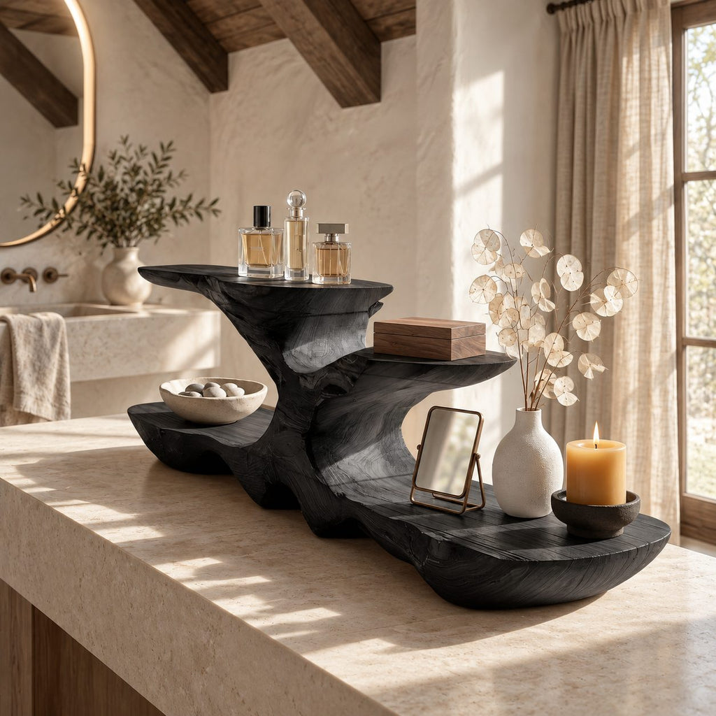 Low Profile Live Edge Bathroom Counter Riser, Two Tier Sculpted Solid Wood Vanity Shelf, 30-35 Inch