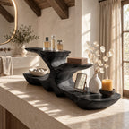 Low Profile Live Edge Bathroom Counter Riser, Two Tier Sculpted Solid Wood Vanity Shelf, 30-35 Inch
