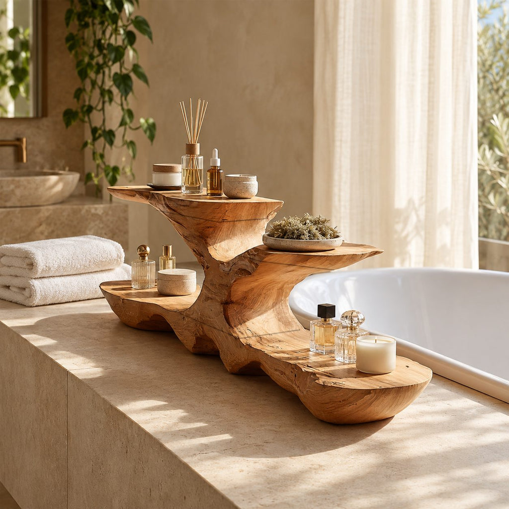 Low Profile Live Edge Bathroom Counter Riser, Two Tier Sculpted Solid Wood Vanity Shelf, 30-35 Inch