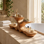 Low Profile Live Edge Bathroom Counter Riser, Two Tier Sculpted Solid Wood Vanity Shelf, 30-35 Inch