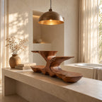 Low Profile Live Edge Bathroom Counter Riser, Two Tier Sculpted Solid Wood Vanity Shelf, 30-35 Inch