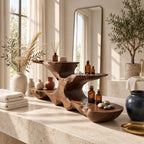 Low Profile Live Edge Bathroom Counter Riser, Two Tier Sculpted Solid Wood Vanity Shelf, 30-35 Inch