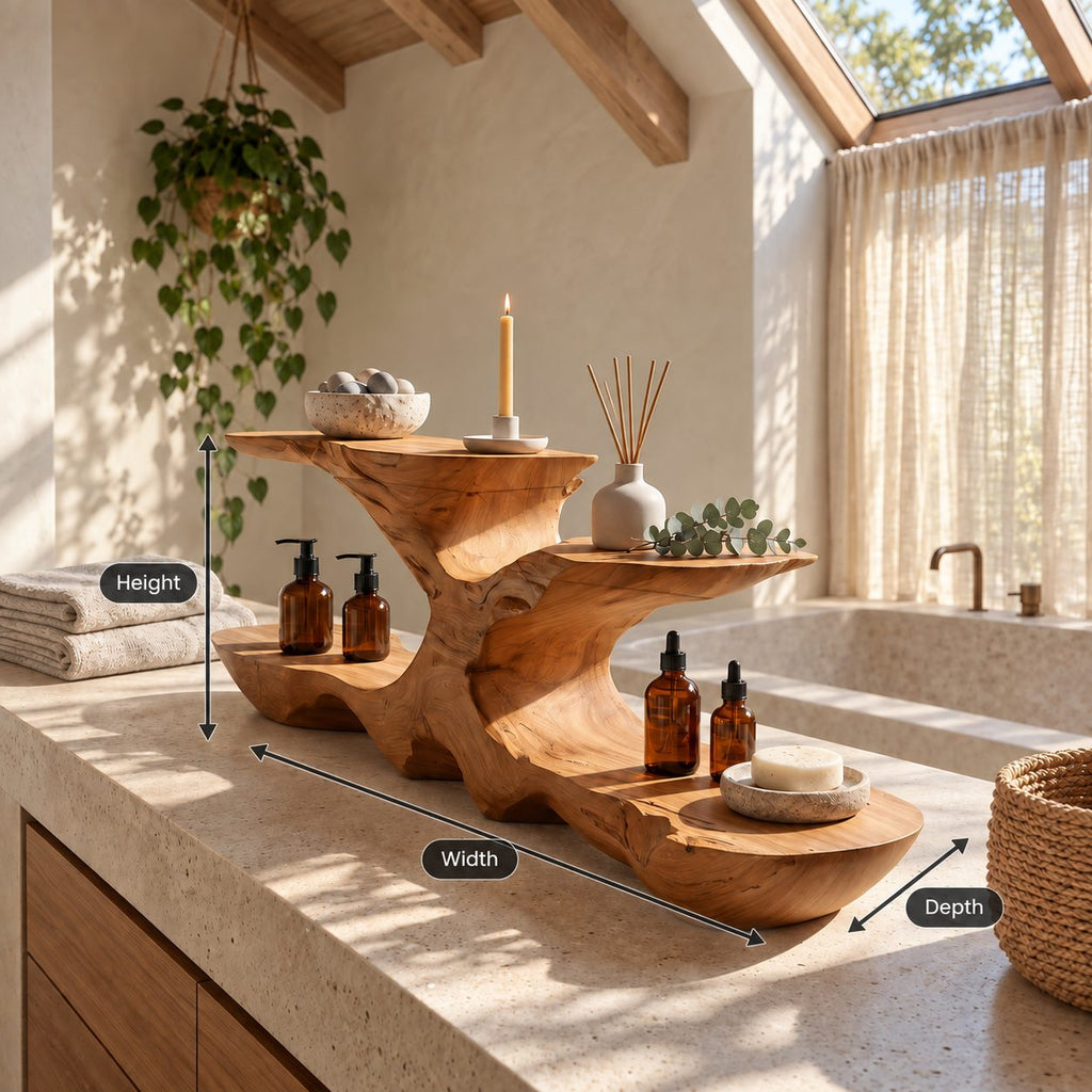 Low Profile Live Edge Bathroom Counter Riser, Two Tier Sculpted Solid Wood Vanity Shelf, 30-35 Inch