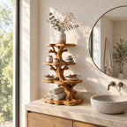 Tree Tower Bathroom Counter Organizer, Four Round Tier Branching Solid Wood Vanity Shelf