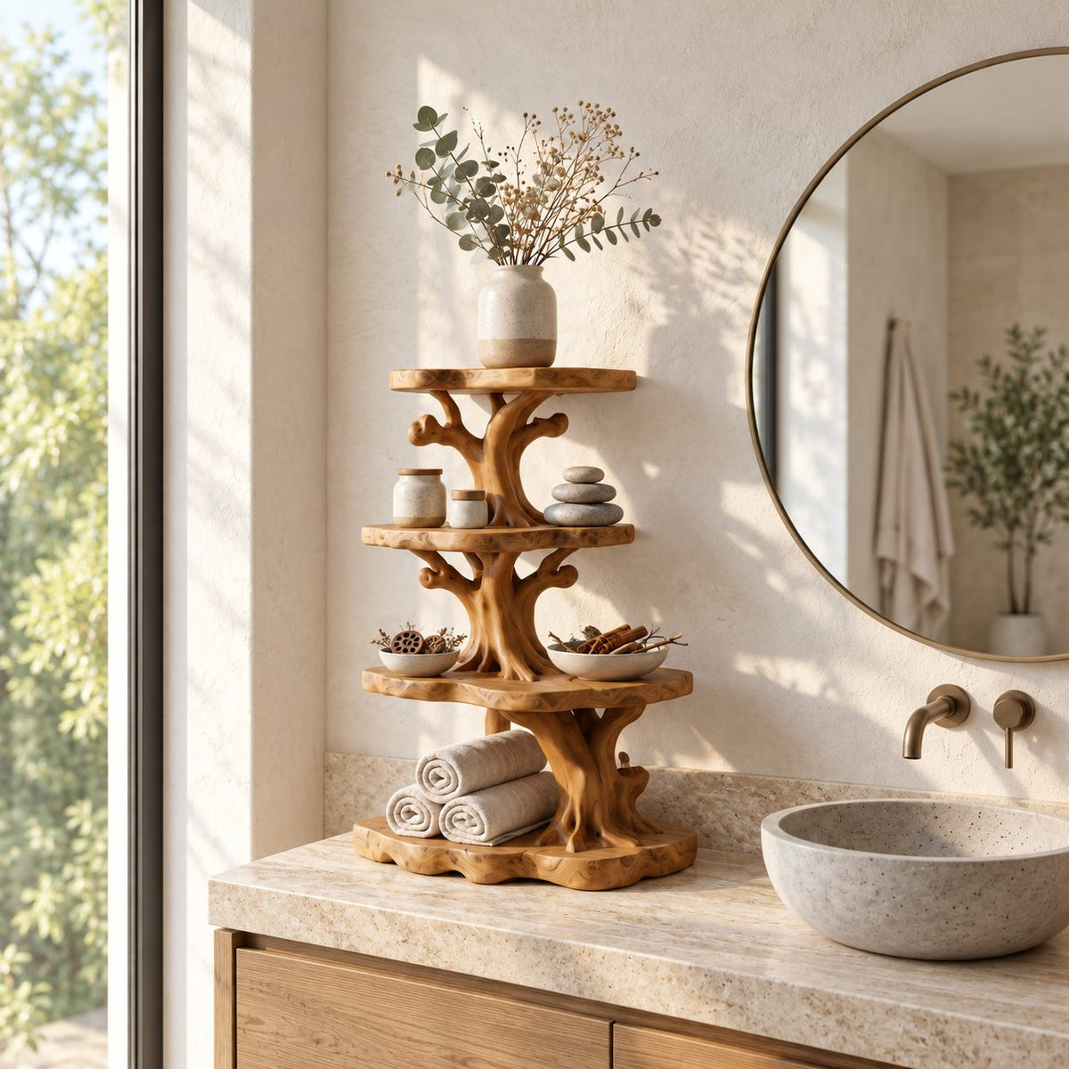 Tree Tower Bathroom Counter Organizer, Four Round Tier Branching Solid Wood Vanity Shelf