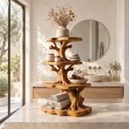 Tree Tower Bathroom Counter Organizer, Four Round Tier Branching Solid Wood Vanity Shelf