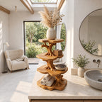 Tree Tower Bathroom Counter Organizer, Four Round Tier Branching Solid Wood Vanity Shelf