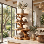 Tree Tower Bathroom Counter Organizer, Four Round Tier Branching Solid Wood Vanity Shelf