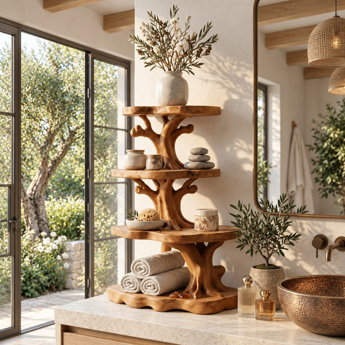 Tree Tower Bathroom Counter Organizer, Four Round Tier Branching Solid Wood Vanity Shelf