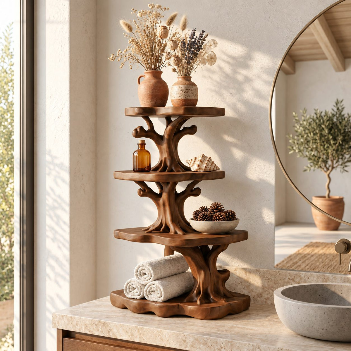 Tree Tower Bathroom Counter Organizer, Four Round Tier Branching Solid Wood Vanity Shelf