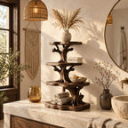 Tree Tower Bathroom Counter Organizer, Four Round Tier Branching Solid Wood Vanity Shelf