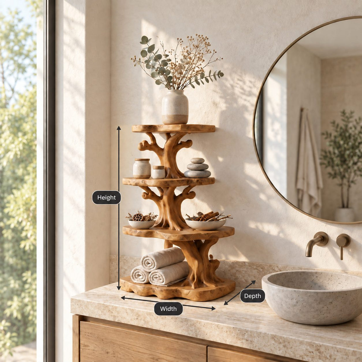 Tree Tower Bathroom Counter Organizer, Four Round Tier Branching Solid Wood Vanity Shelf