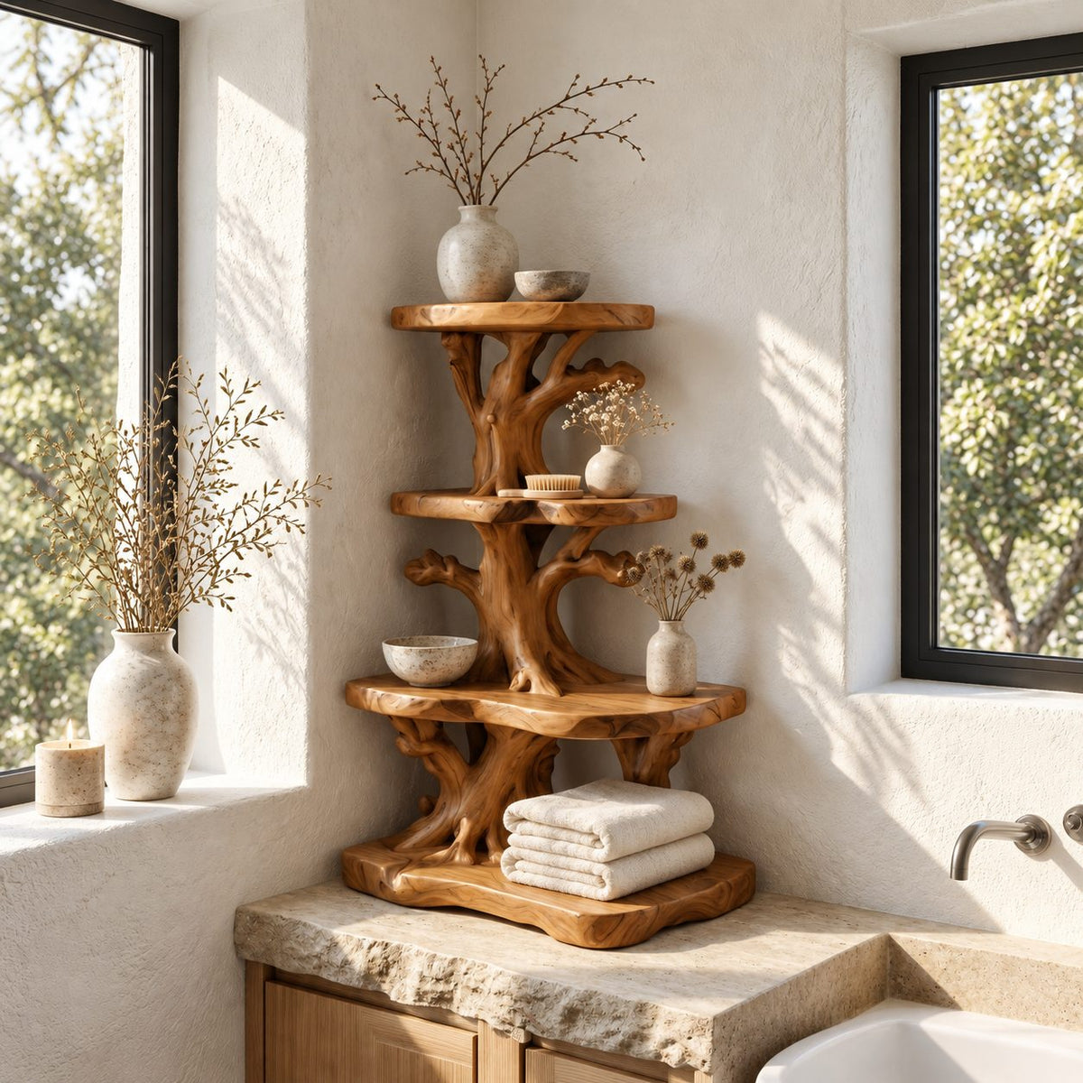 Twisted Root Corner Bathroom Shelf, Three Tier Live Edge Solid Wood Tree Tower for Vanity Corners
