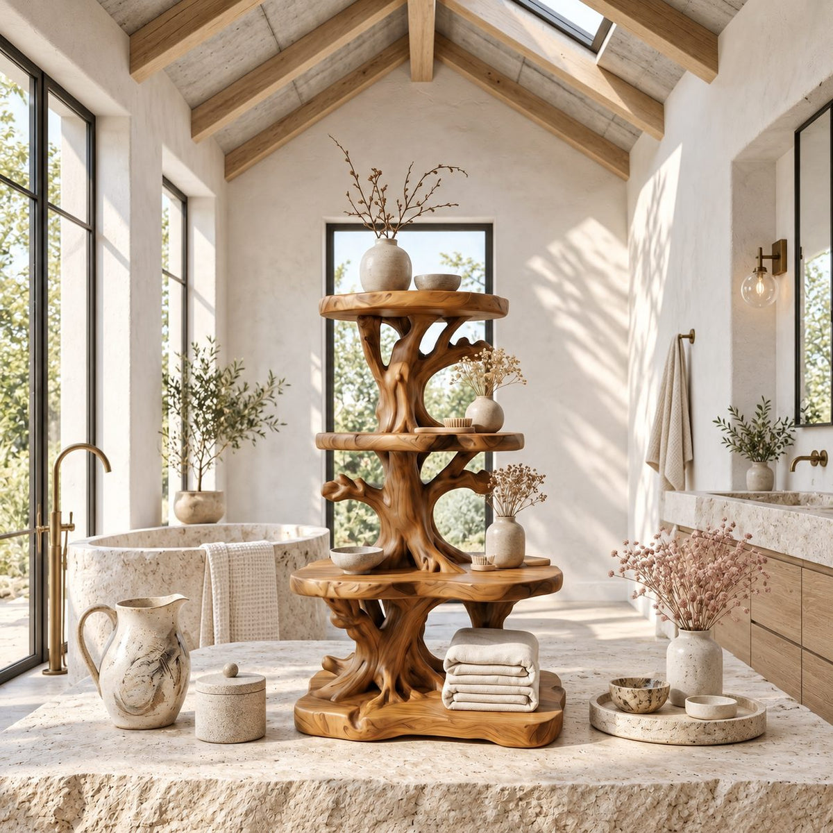 Twisted Root Corner Bathroom Shelf, Three Tier Live Edge Solid Wood Tree Tower for Vanity Corners