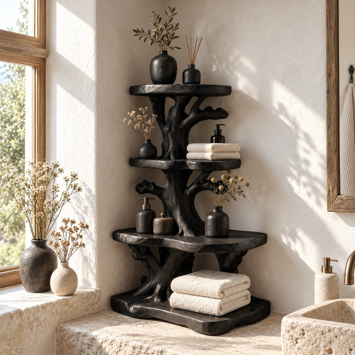 Twisted Root Corner Bathroom Shelf, Three Tier Live Edge Solid Wood Tree Tower for Vanity Corners