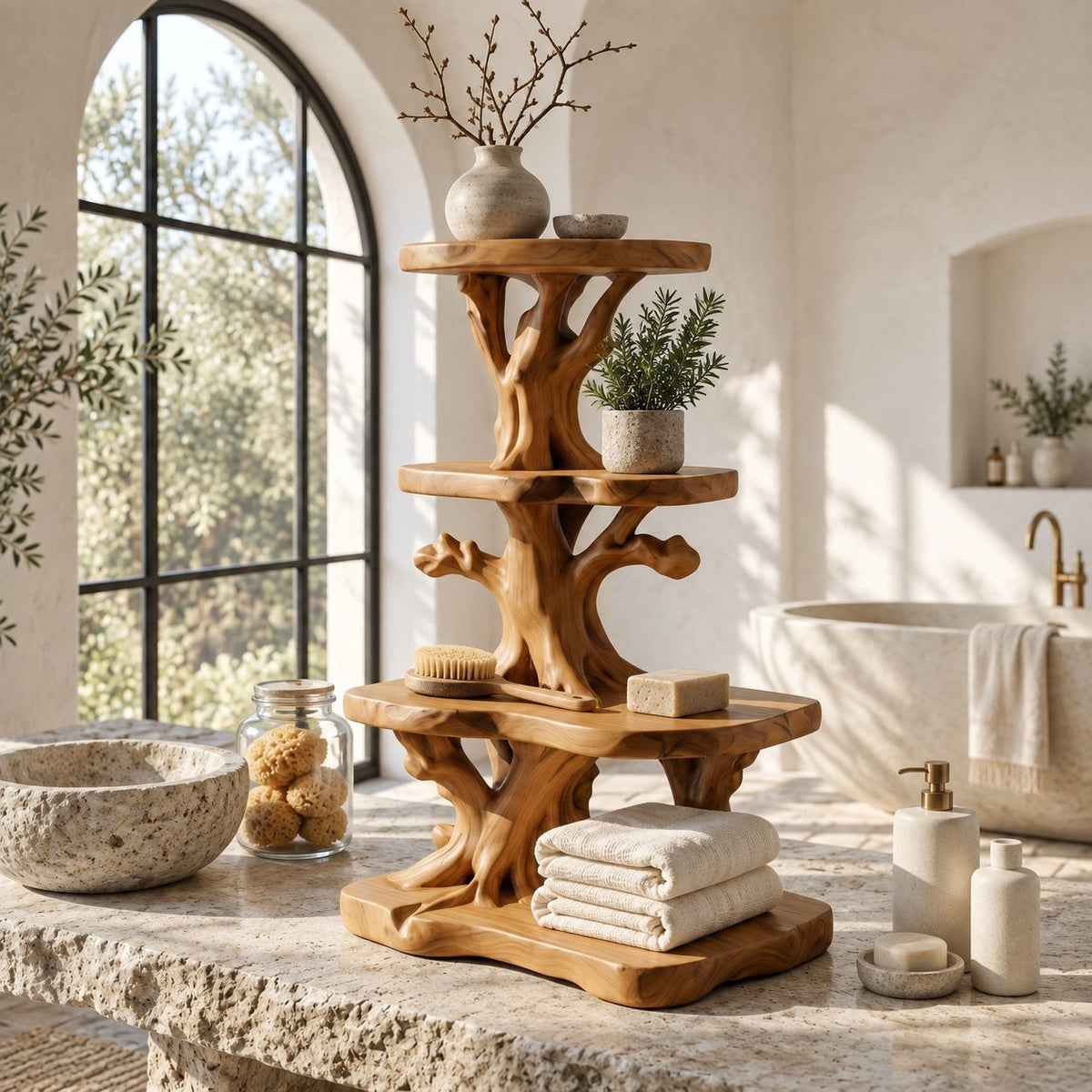 Twisted Root Corner Bathroom Shelf, Three Tier Live Edge Solid Wood Tree Tower for Vanity Corners