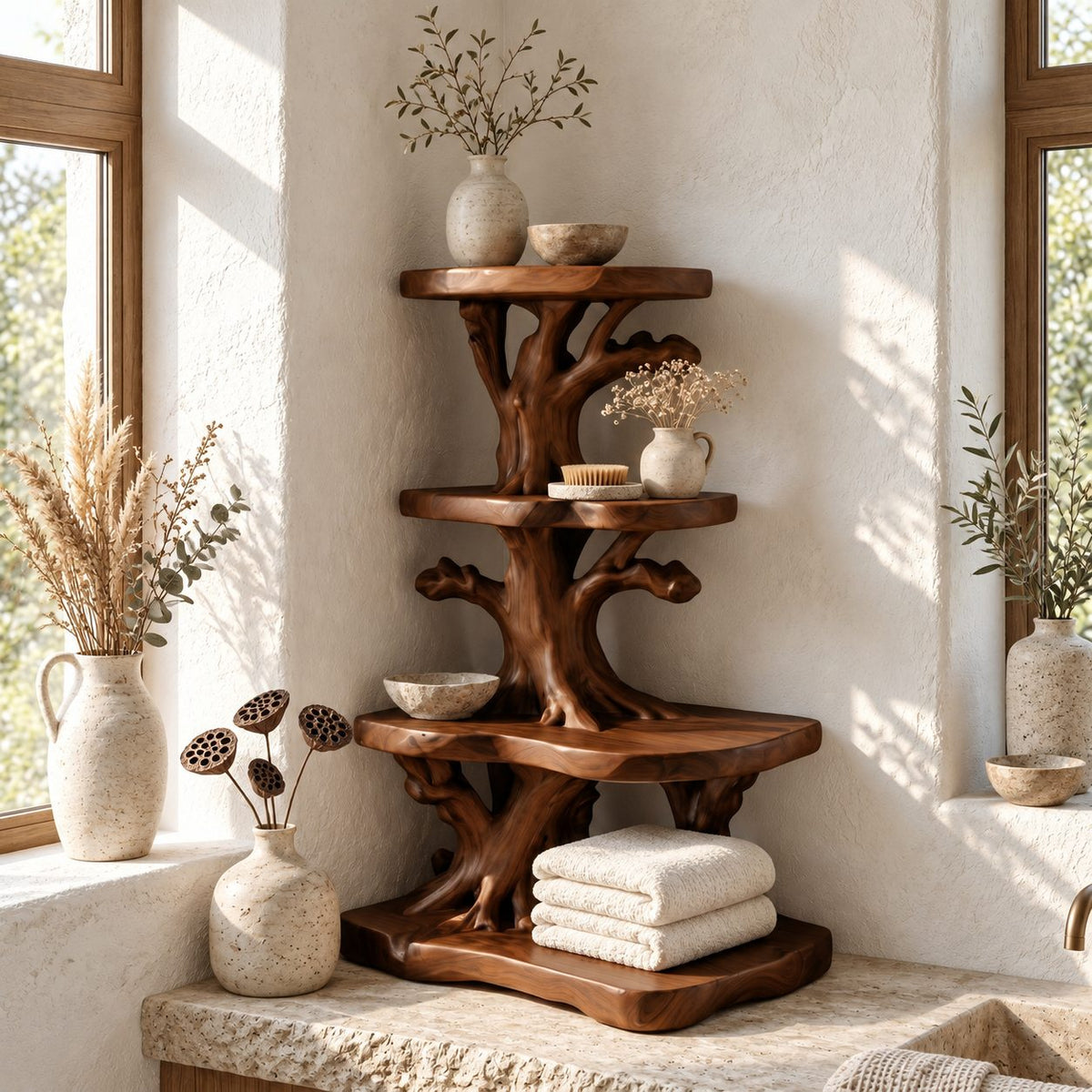 Twisted Root Corner Bathroom Shelf, Three Tier Live Edge Solid Wood Tree Tower for Vanity Corners