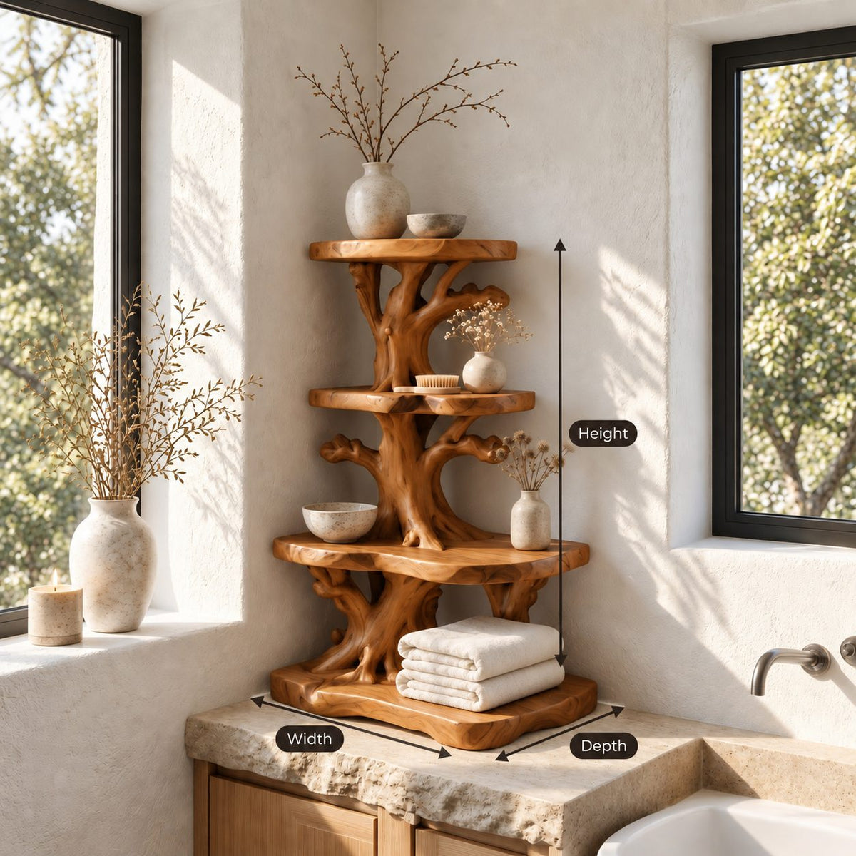 Twisted Root Corner Bathroom Shelf, Three Tier Live Edge Solid Wood Tree Tower for Vanity Corners