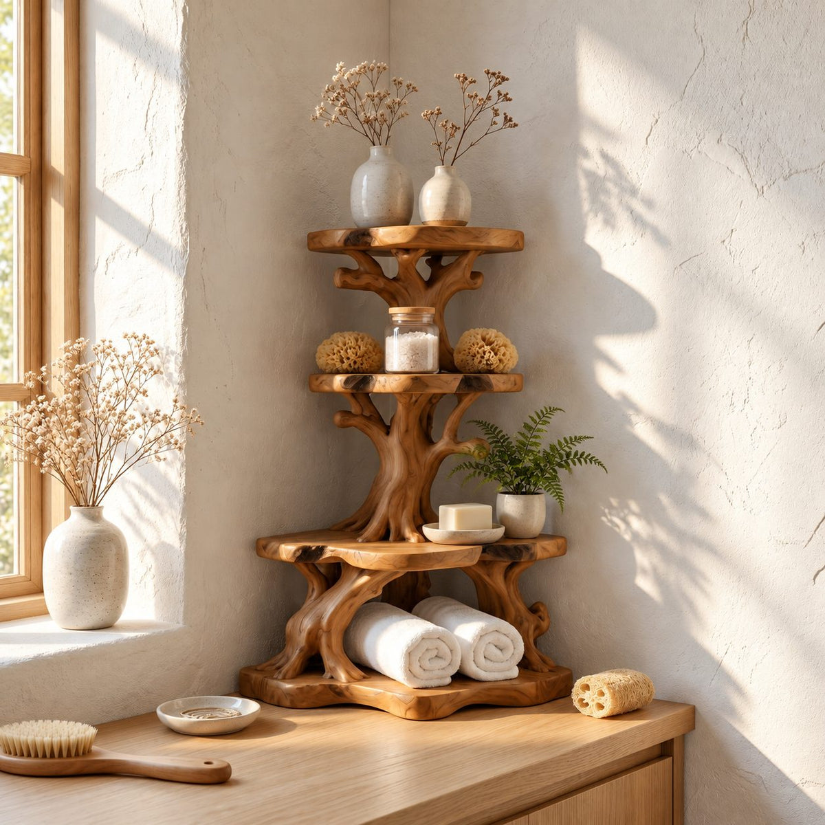 Knotted Branch Corner Bathroom Organizer, Three Tier Solid Wood Tree Stand for Counter Corners