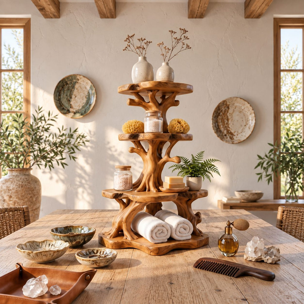 Knotted Branch Corner Bathroom Organizer, Three Tier Solid Wood Tree Stand for Counter Corners