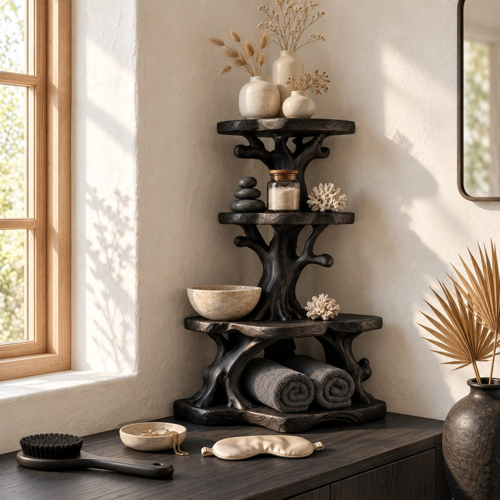 Knotted Branch Corner Bathroom Organizer, Three Tier Solid Wood Tree Stand for Counter Corners