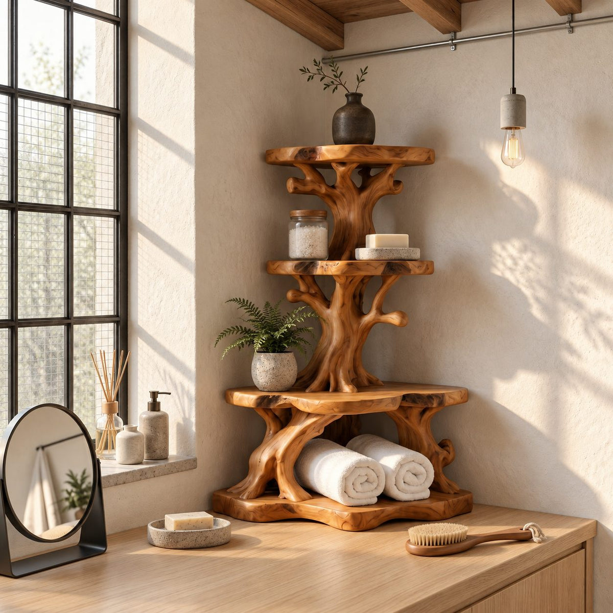Knotted Branch Corner Bathroom Organizer, Three Tier Solid Wood Tree Stand for Counter Corners