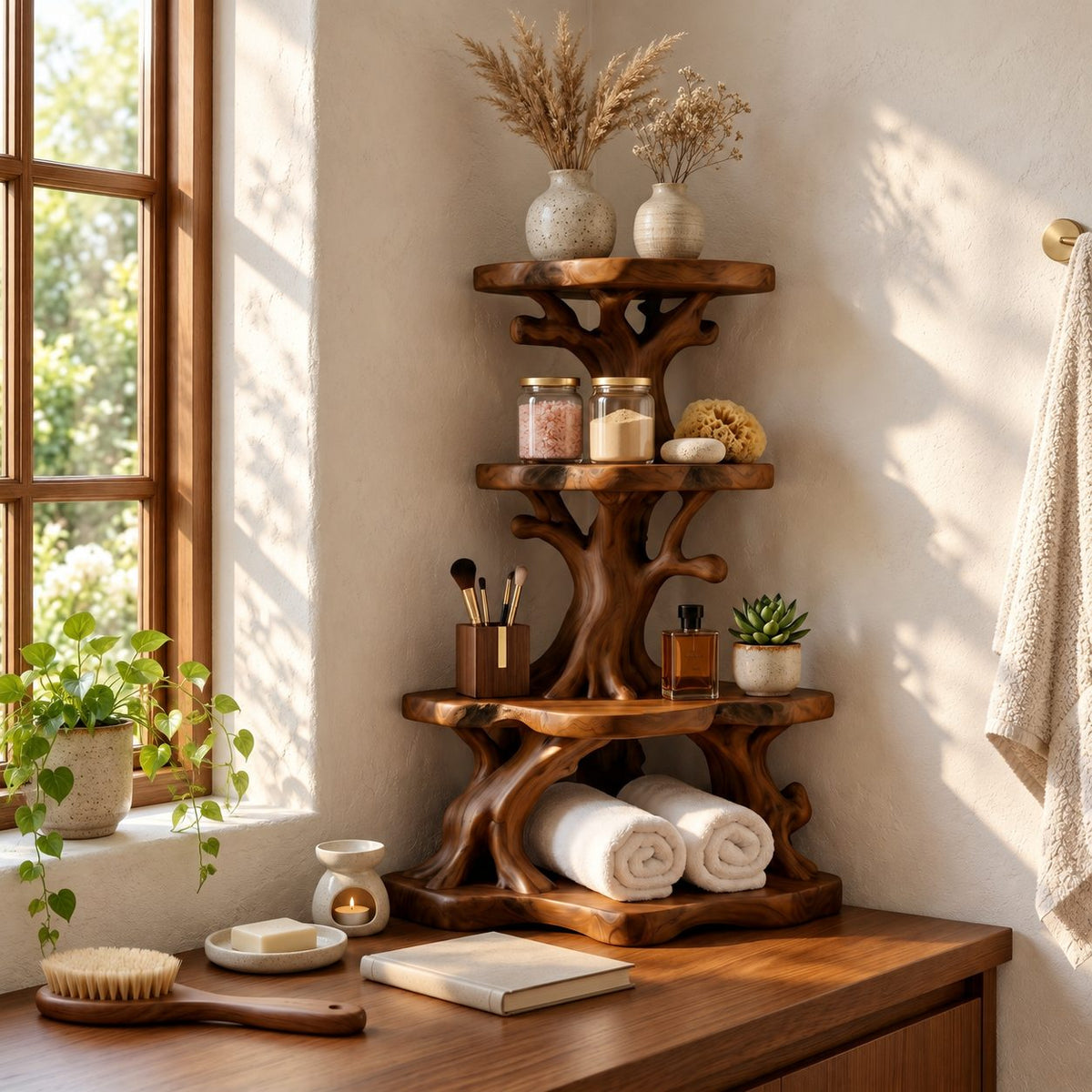 Knotted Branch Corner Bathroom Organizer, Three Tier Solid Wood Tree Stand for Counter Corners