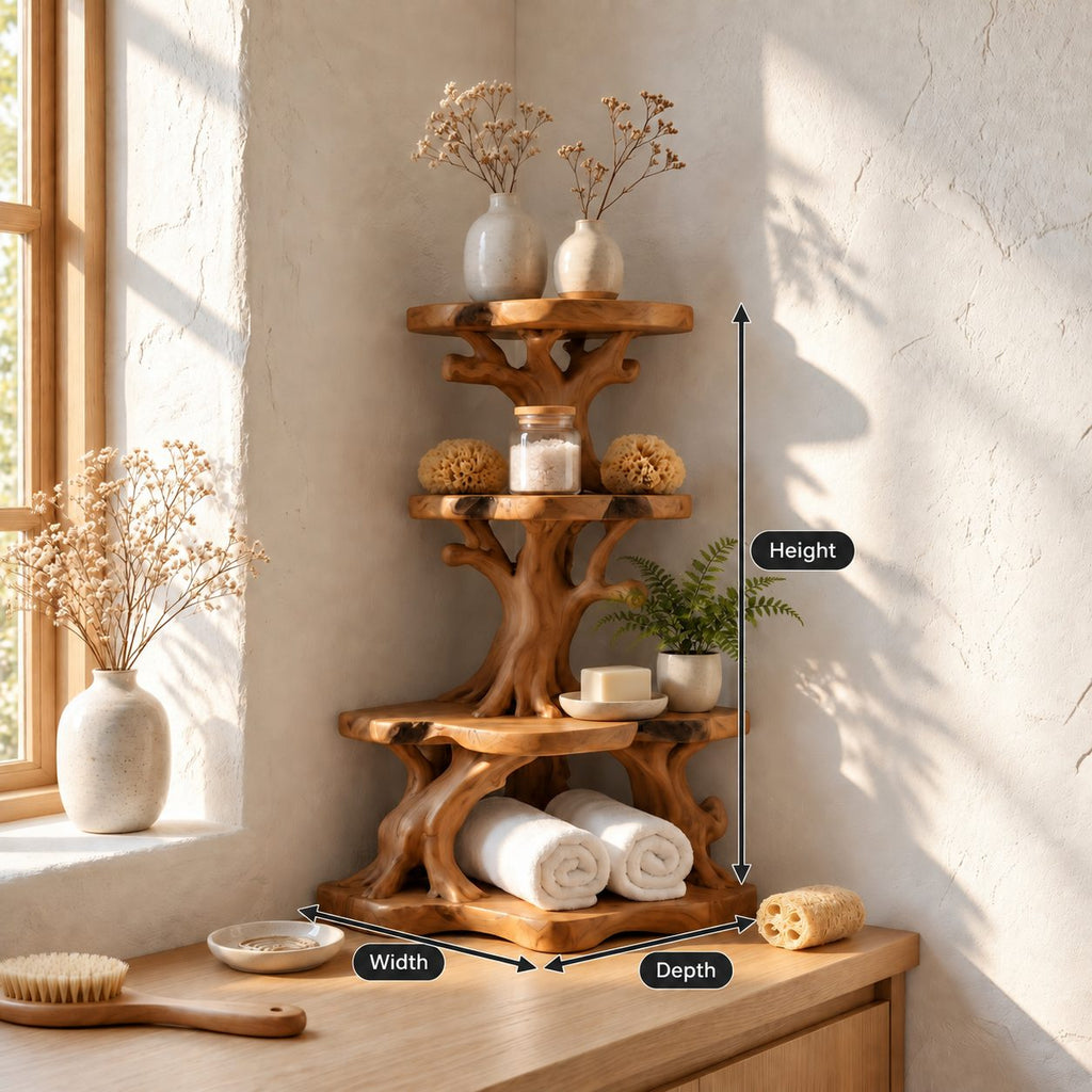 Knotted Branch Corner Bathroom Organizer, Three Tier Solid Wood Tree Stand for Counter Corners