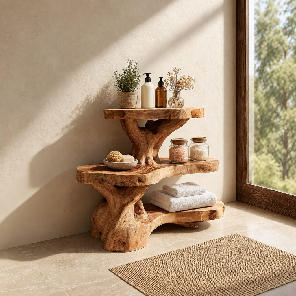Burl Trunk Bathroom Shelf Stand, Three Level Live Edge Solid Wood Organizer for Counter or Ledge